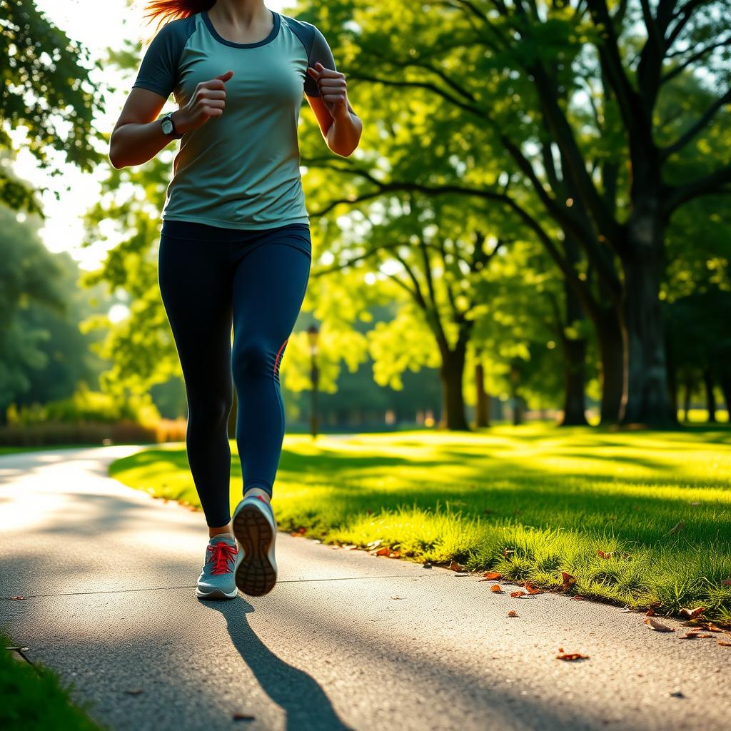 Persoană care aleargă într-un parc verde dimineața, purtând haine sport și adidași, cu lumina soarelui filtrându-se prin copaci.