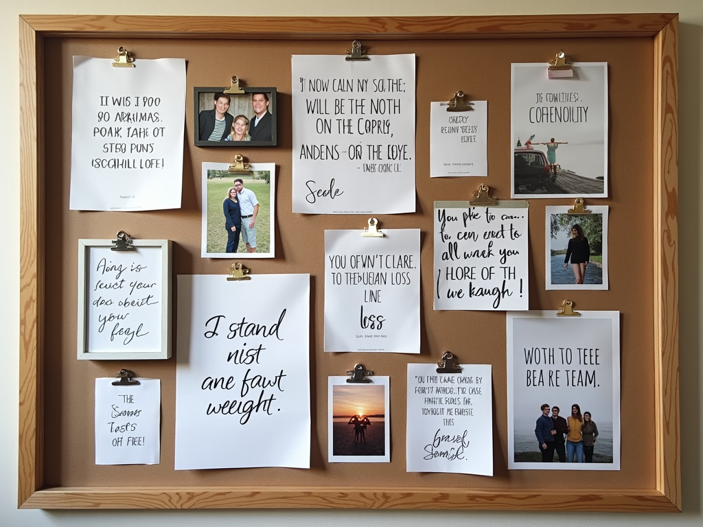 A serene vision board with motivational quotes and images symbolizing weight loss journey.