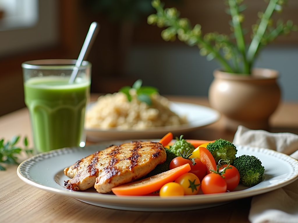 Masă de bucătărie cu o farfurie de pui la grătar, legume colorate și salată de quinoa, alături de un smoothie verde.