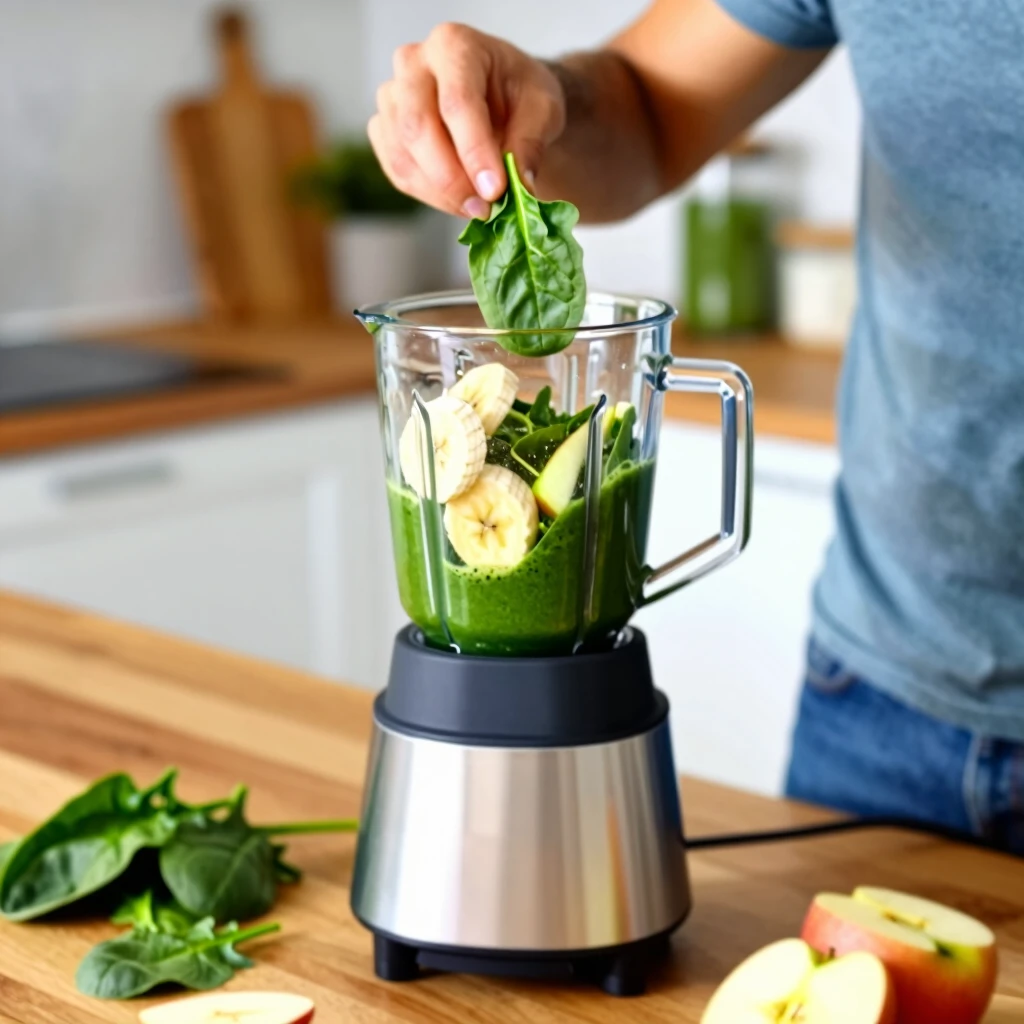Persoană pregătind un smoothie verde sănătos în bucătărie, cu spanac, banană, măr și alte verdețuri în blender