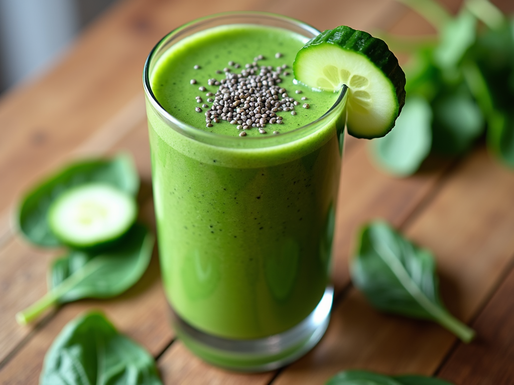 Smoothie verde detoxifiant într-un pahar înalt, decorat cu o felie de castravete și semințe de chia, pe o masă de lemn cu frunze de spanac în jur.