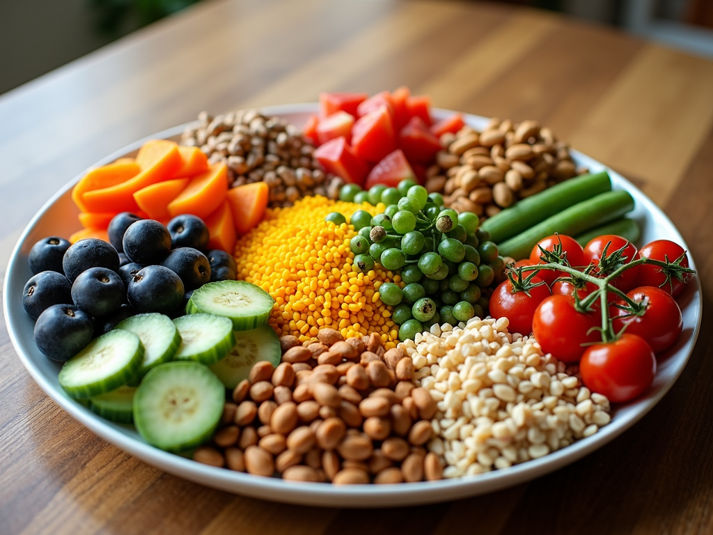 O farfurie colorată cu fructe proaspete, legume, cereale integrale și proteine slabe