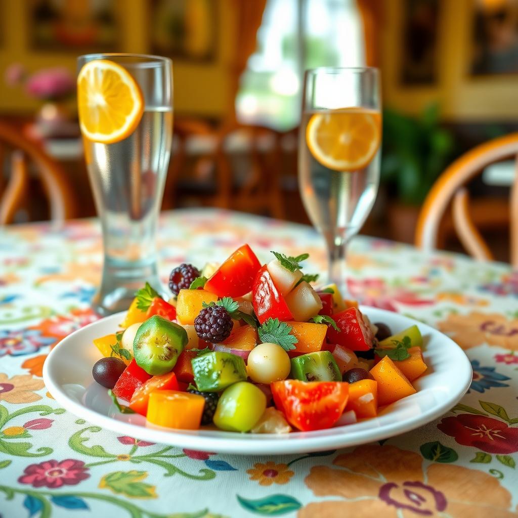 Salată colorată de fructe și legume lângă un pahar de apă cu o felie de portocală pe o față de masă vibrantă.