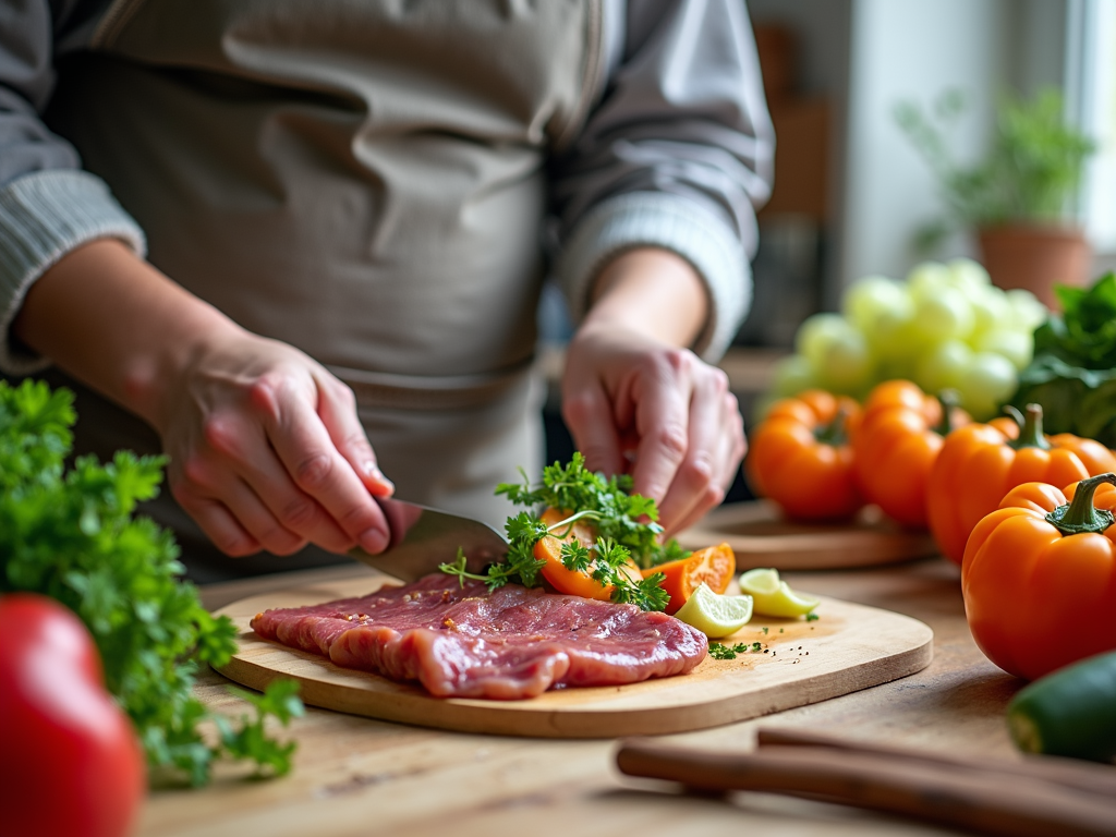 Persoană care pregătește o masă sănătoasă în bucătărie, cu ingrediente proaspete precum carne slabă, cereale integrale și legume colorate.