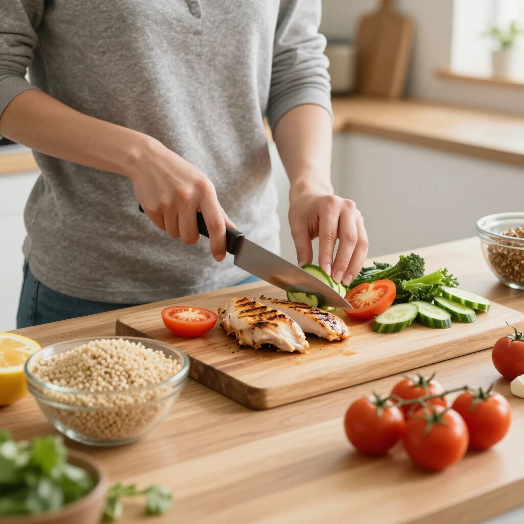 Persoană pregătind o masă sănătoasă echilibrată cu legume, proteine slabe și cereale integrale în bucătărie