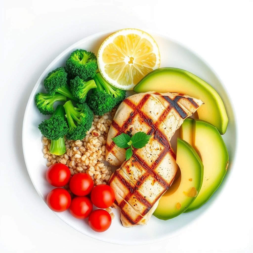 Farfurie colorată cu mâncare sănătoasă: piept de pui la grătar, quinoa, avocado și legume proaspete