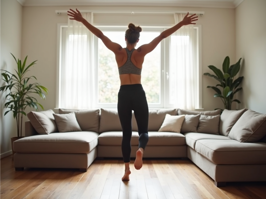 Persoană care face jumping jacks în sufragerie