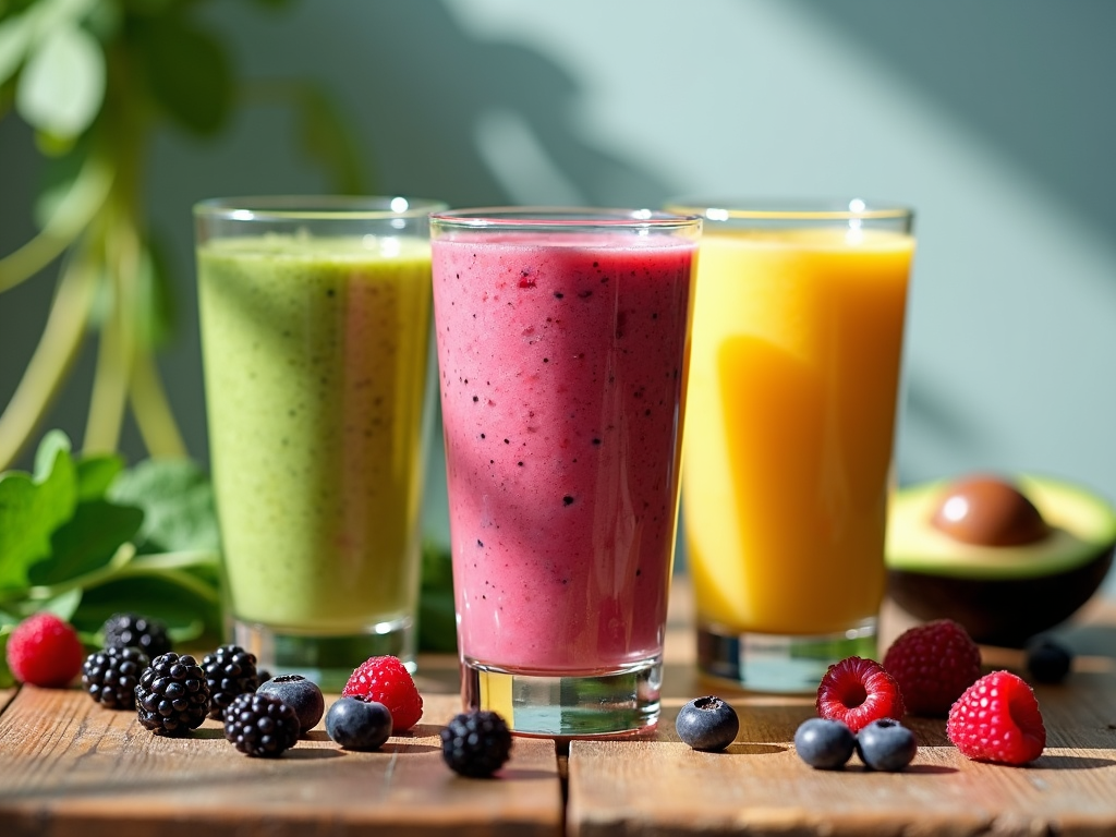 Trei pahare cu smoothie-uri (verde, roz și galben) pe o masă rustică de lemn, înconjurate de ingrediente proaspete precum fructe de pădure, spanac și avocado, luminate de soare.
