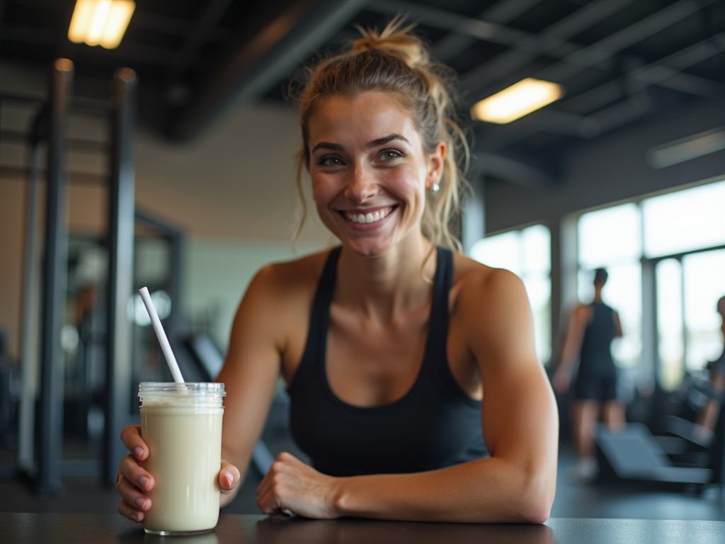 Persoană activă în sala de sport, cu un shake de proteine, ilustrând legătura dintre nutriție, exerciții și somn