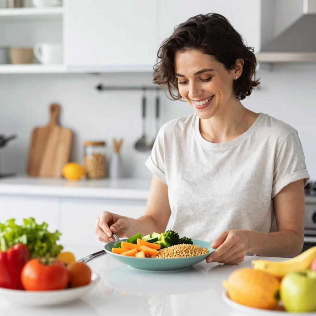 O persoană relaxată și fericită pregătind o masă echilibrată cu legume, fructe și cereale integrale într-o bucătărie modernă