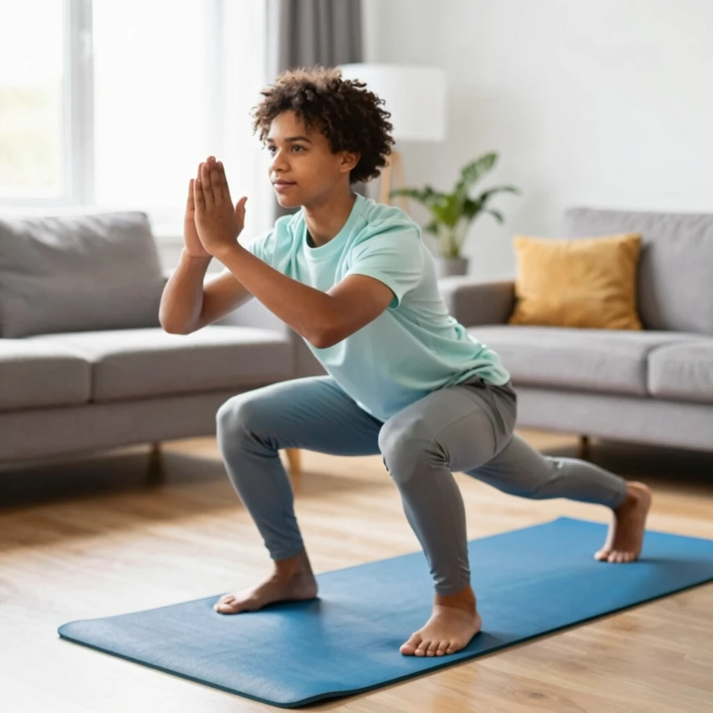 Începător efectuând exerciții ușoare acasă, cum ar fi genuflexiuni și plank, într-o cameră luminoasă