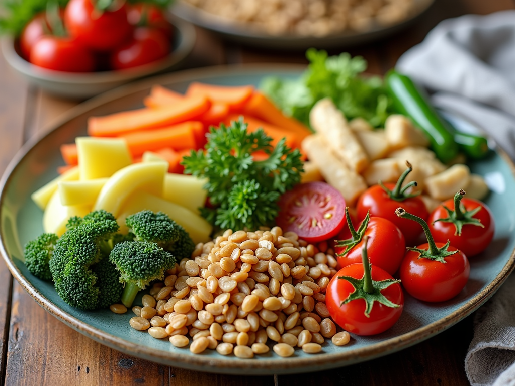 Farfurie colorată cu legume variate, proteine slabe și cereale integrale pe o masă de lemn