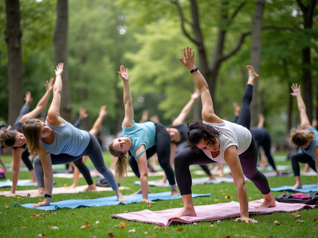 Clasă de yoga pentru începători într-un parc, cu oameni de diferite vârste practicând posturi simple pe saltele.