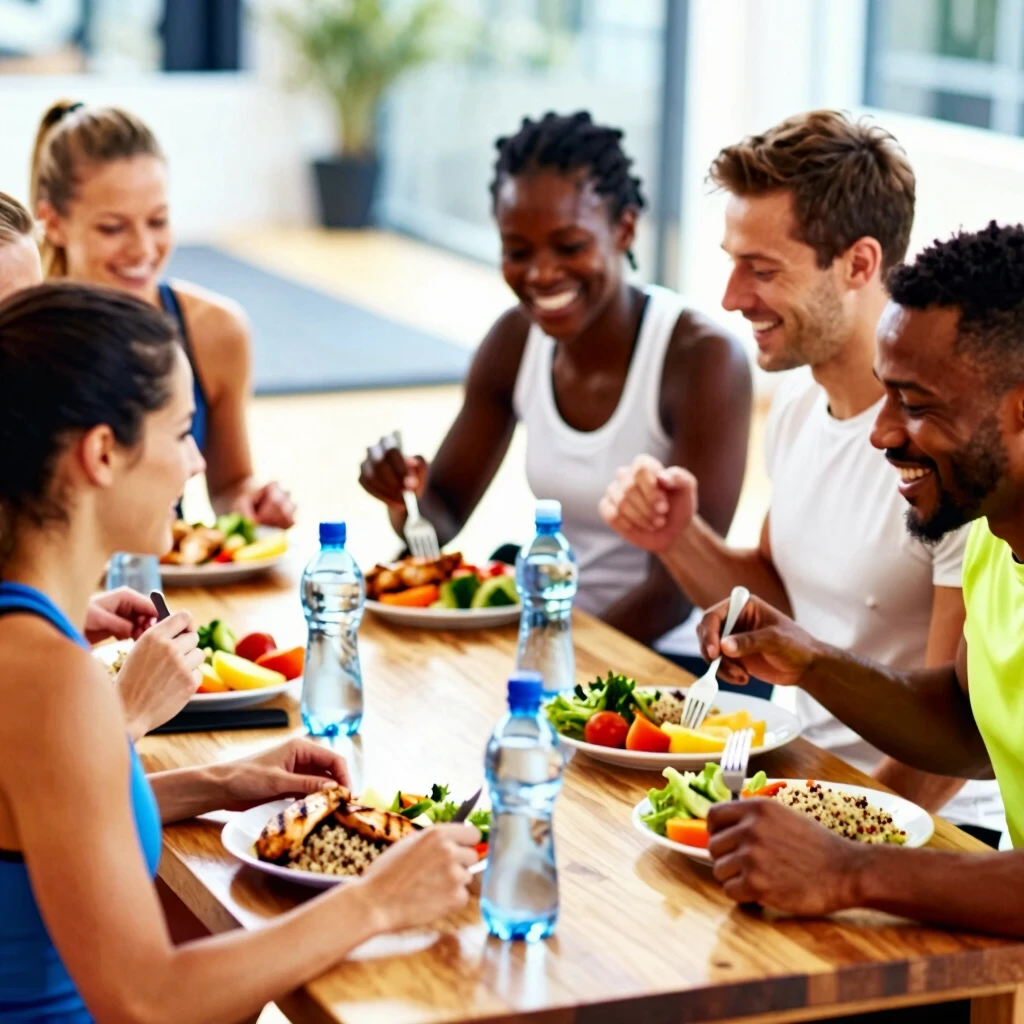 Grup de atleți împărțind o masă sănătoasă în sală de fitness