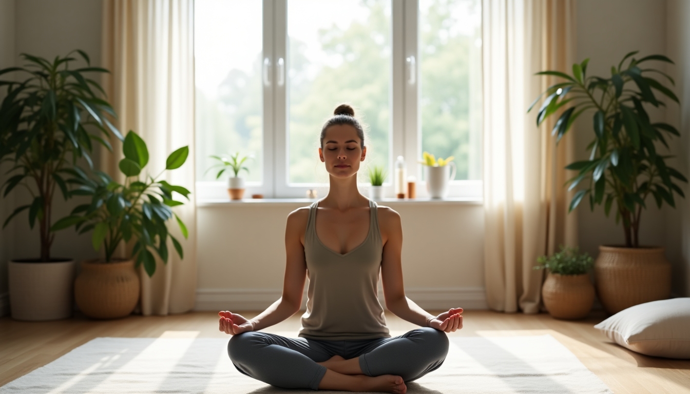 Persoană care meditează într-o cameră liniștită, cu o atmosferă calmă și pașnică