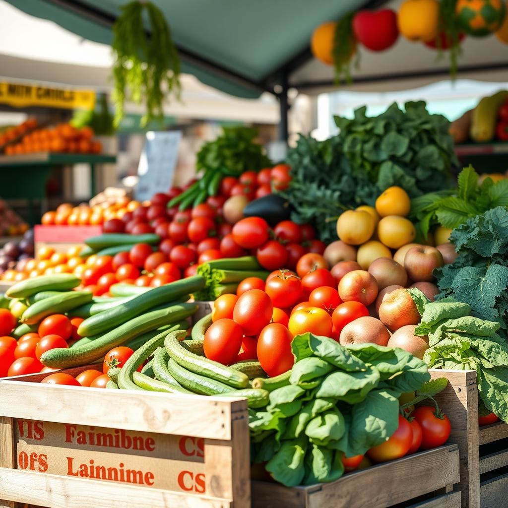 Imagine cu o tarabă de piață plină cu legume și fructe proaspete, inclusiv roșii, castraveți, mere și verdețuri, așezate în lădițe de lemn sub lumina soarelui.