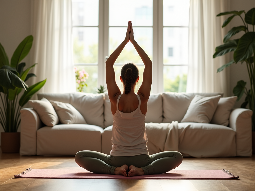 Persoană practicând yoga în sufragerie