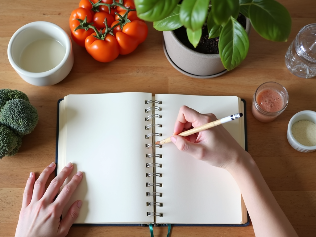 Persoană notând într-un jurnal alimentar cu alimente sănătoase în jur