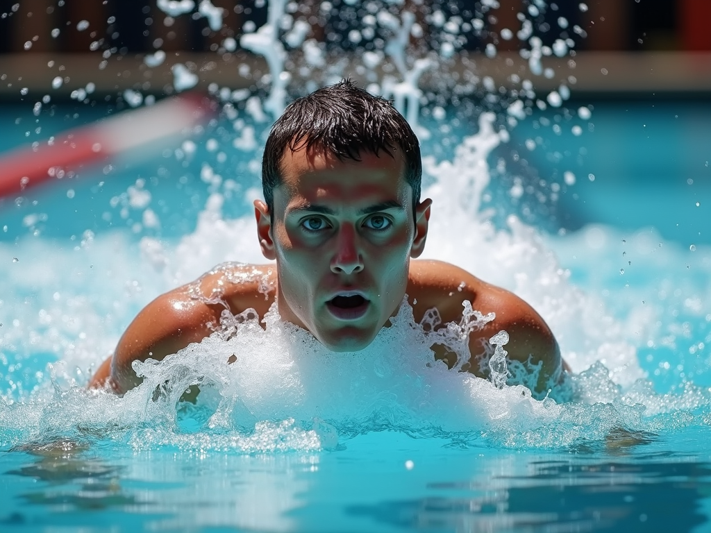 Persoană care înoată liber într-o piscină, cu apă stropind în jur și o expresie concentrată pe față.