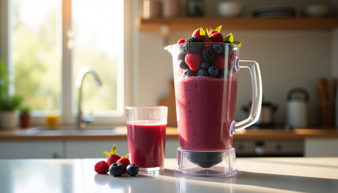 Un blender plin cu fructe de pădure proaspete, lângă o pahar pe jumătate plin.