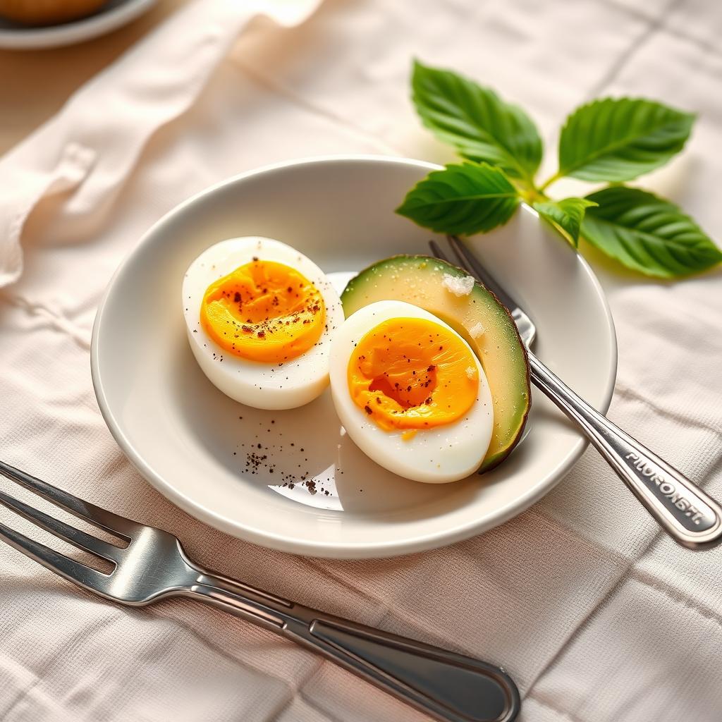 Farfurie cu două ouă fierte tăiate pe jumătate și un sfert de avocado, presărate cu piper și sare, pe o față de masă deschisă la culoare.