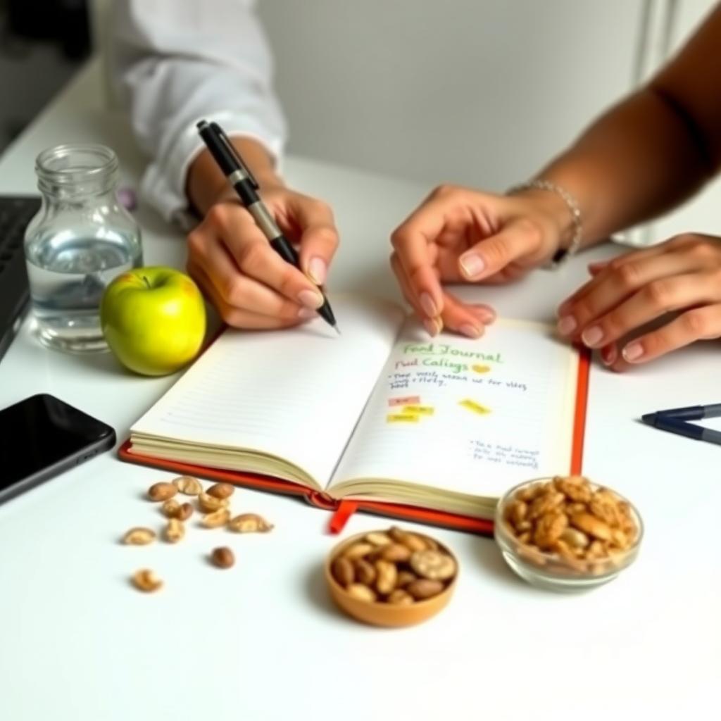 Persoană care notează într-un jurnal alimentar, înconjurată de gustări sănătoase precum mere, nuci și un pahar cu apă.