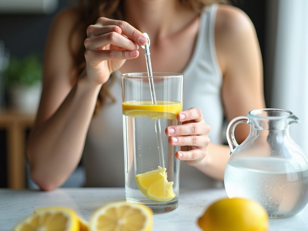 Persoană bând apă dintr-un pahar, cu o carafă de apă și felii de lămâie pe masă.