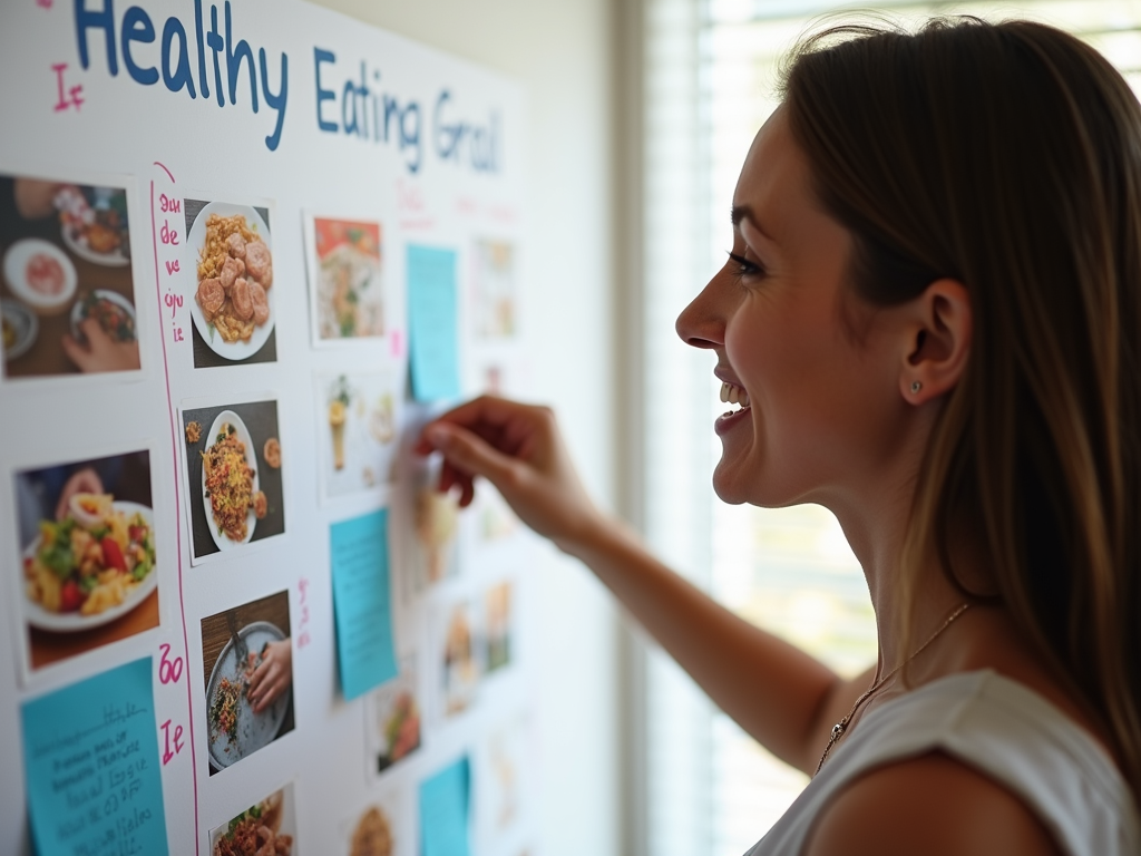 Persoană motivată, uitându-se la un panou cu obiective de alimentație sănătoasă