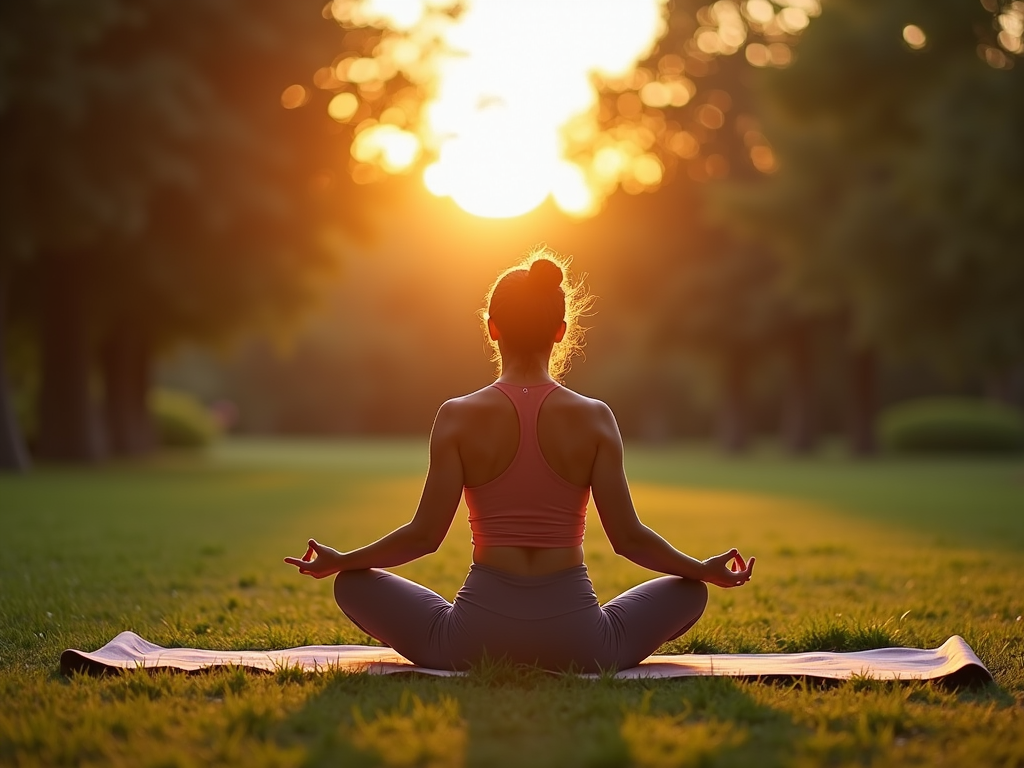 Persoană care practică yoga pe o saltea într-un parc liniștit la răsărit.