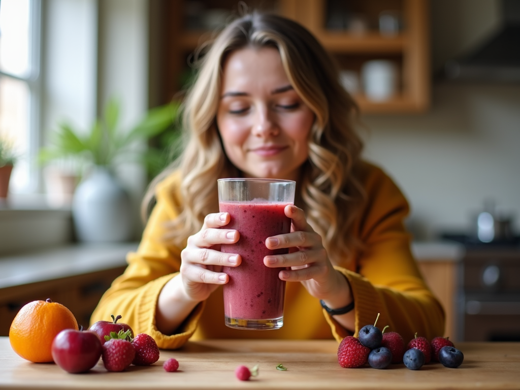 Persoană care savurează un smoothie făcut acasă cu fructe proaspete într-o bucătărie confortabilă