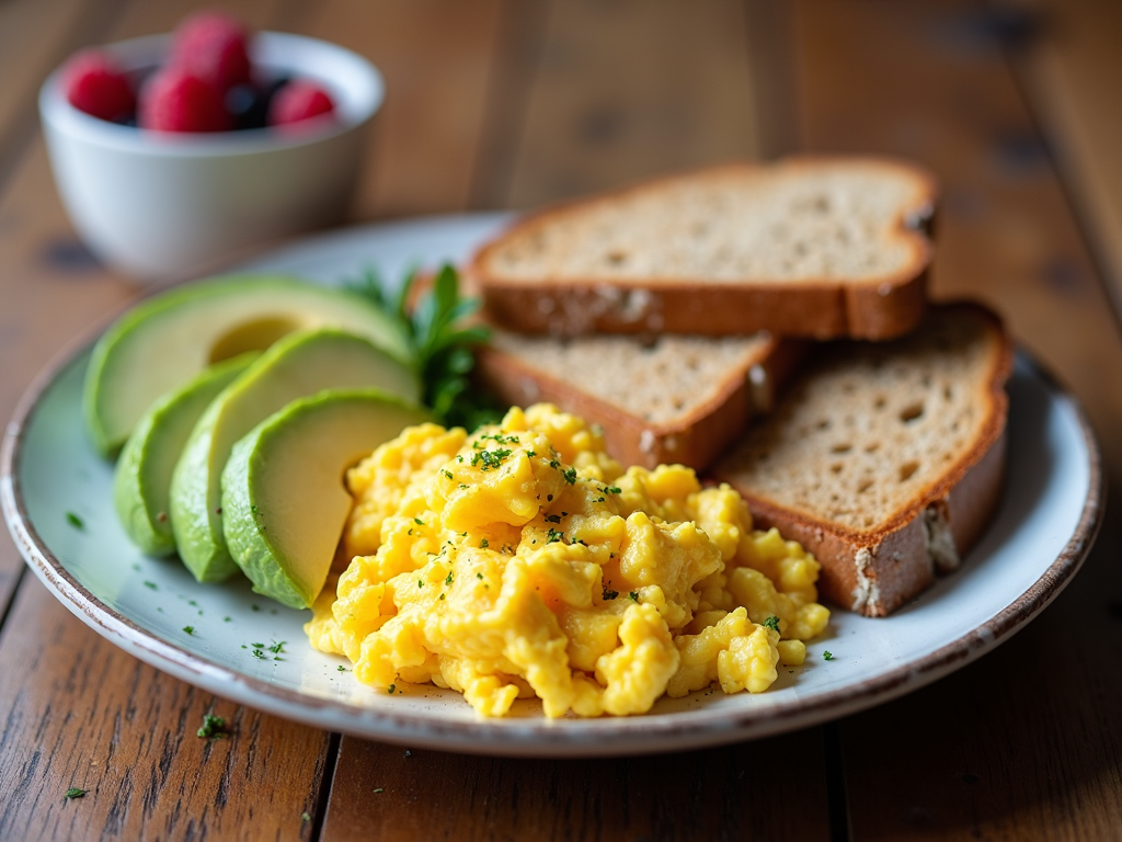 Farfurie cu mic dejun sănătos: ouă, avocado și toast integral