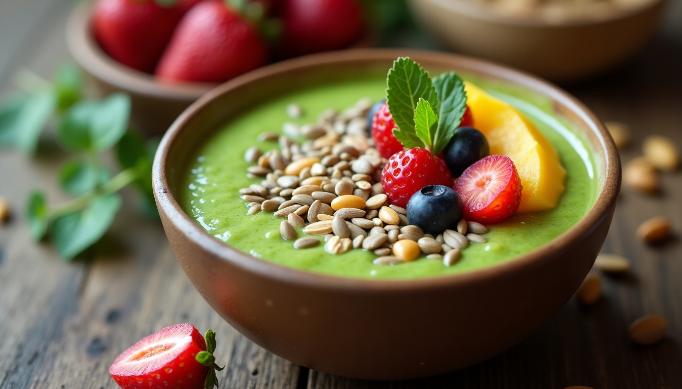 Un bol rustic cu un smoothie verde, decorat cu fructe și semințe, pe o masă de lemn.