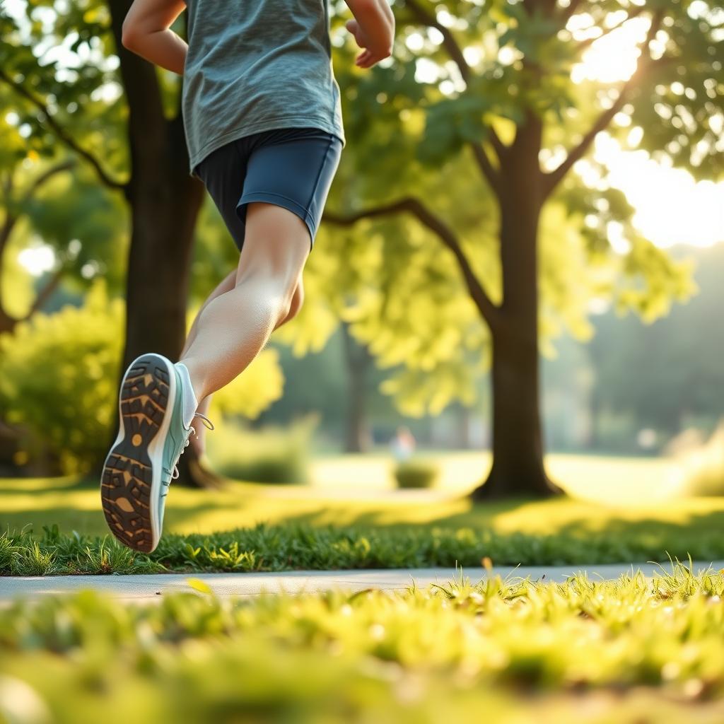 Persoană care aleargă în aer liber într-un parc verde, în lumina dimineții, purtând încălțăminte sport și haine comode.