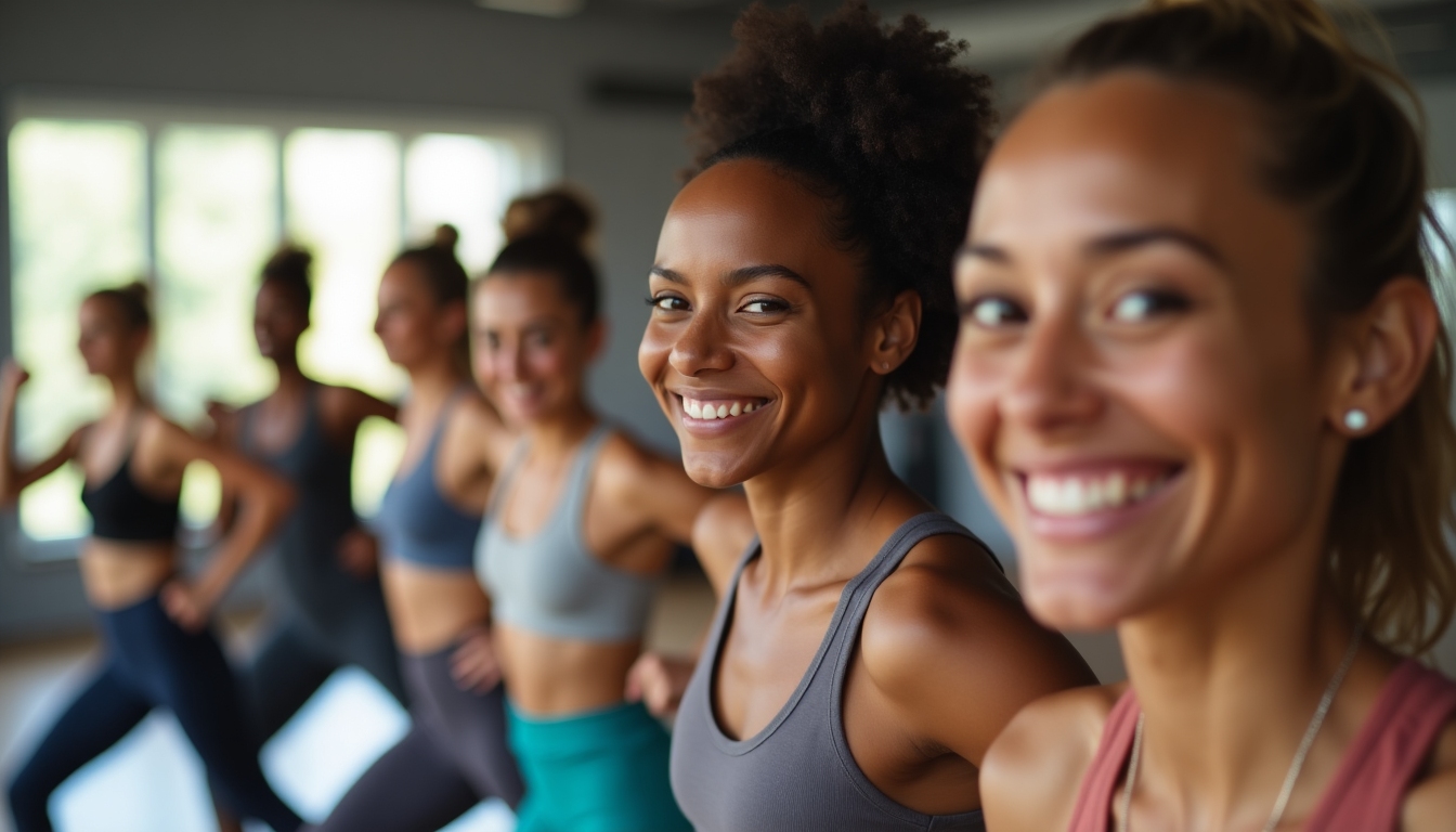 Fotografie de grup cu persoane zâmbitoare într-o clasă de fitness