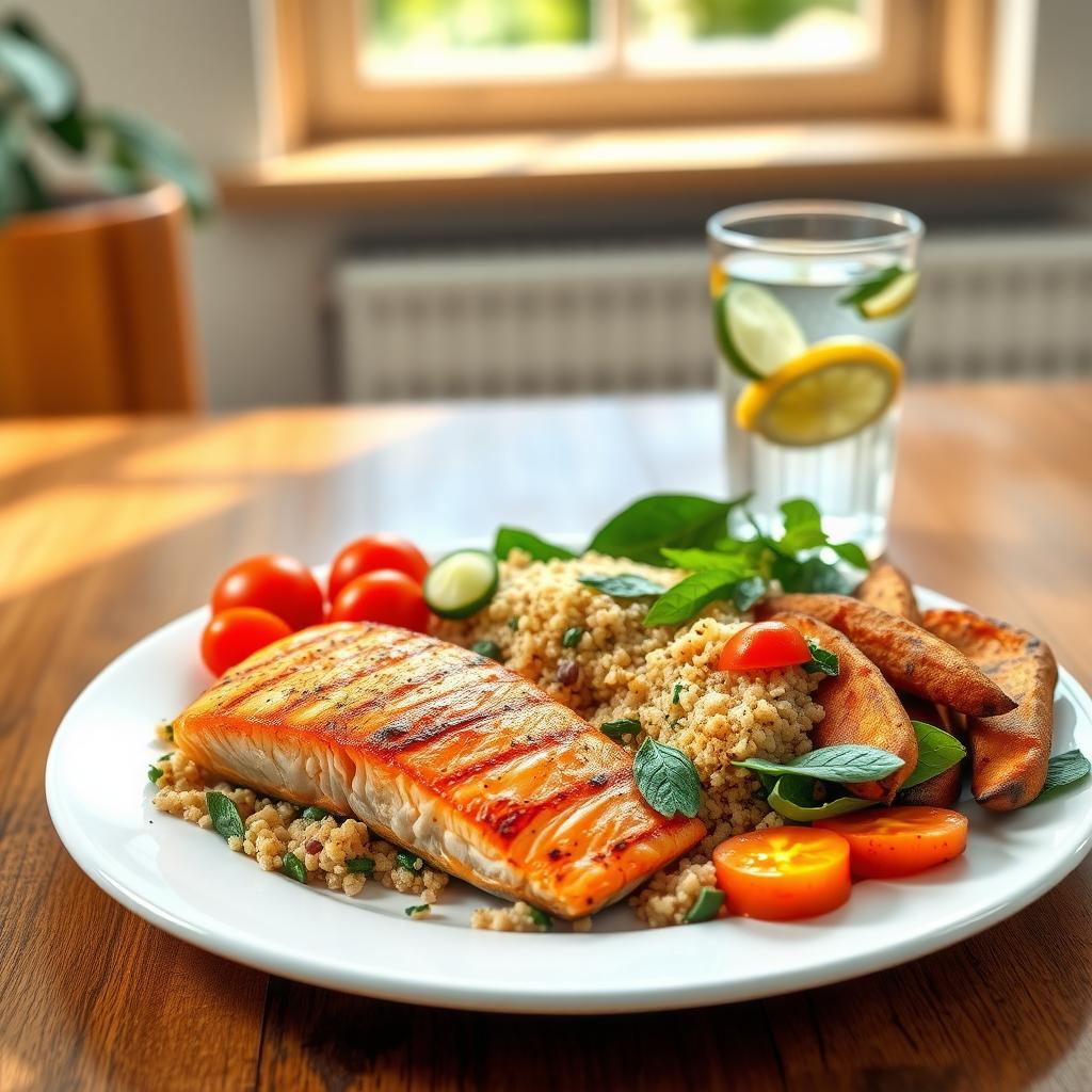 O farfurie sănătoasă cu somon la grătar, salată de quinoa cu roșii cherry, castraveți și spanac, alături de cartofi dulci copți, pe o masă de lemn.