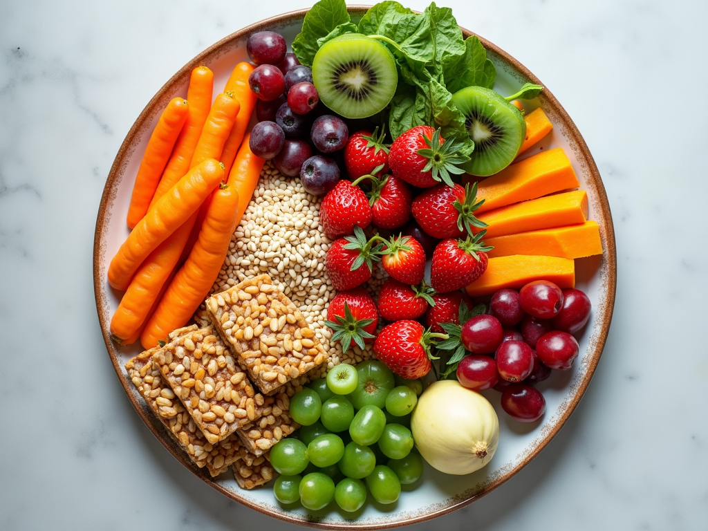 Farfurie colorată cu alimente sănătoase: fructe, legume, cereale integrale și proteine slabe