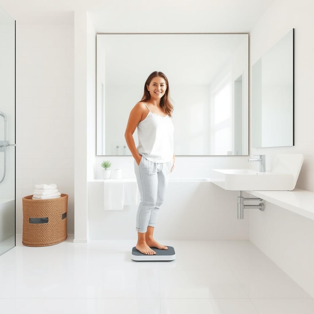 Persoană care stă pe un cântar într-o baie modernă, zâmbind la progresul realizat, cu gresie albă și o oglindă mare care reflectă lumina naturală.