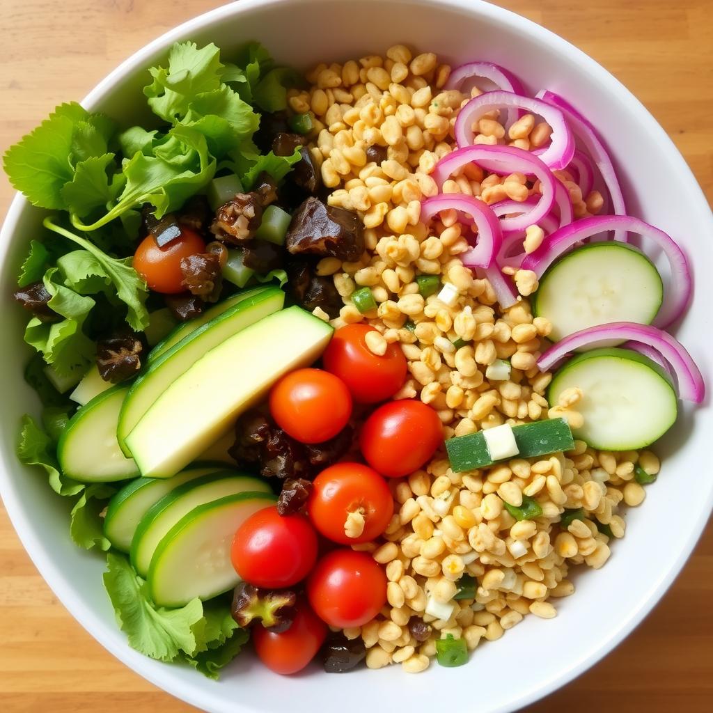 An aesthetically pleasing bowl of colorful salad with various vegetables and grains, symbolizing health and wellness. The salad is vibrant with greens, reds, and yellows, showcasing healthy eating.