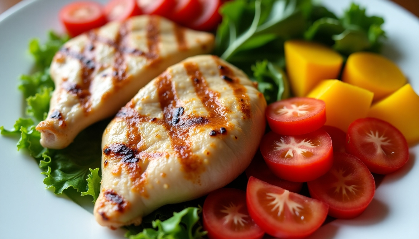 Healthy meal with grilled chicken and vegetables on a plate.