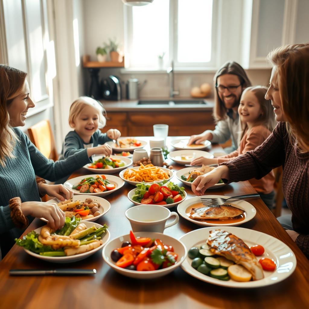 O familie veselă mănâncă împreună la o masă din lemn, plină cu preparate sănătoase, într-o bucătărie caldă și bine iluminată.