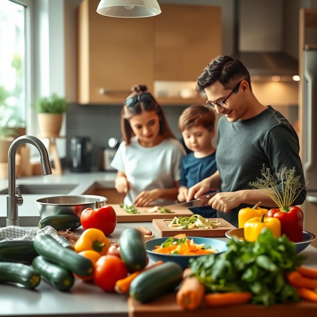 Scenă de bucătărie confortabilă, cu o familie care gătește împreună o masă sănătoasă, cu legume proaspete precum zucchini, ardei și morcovi pe masă.