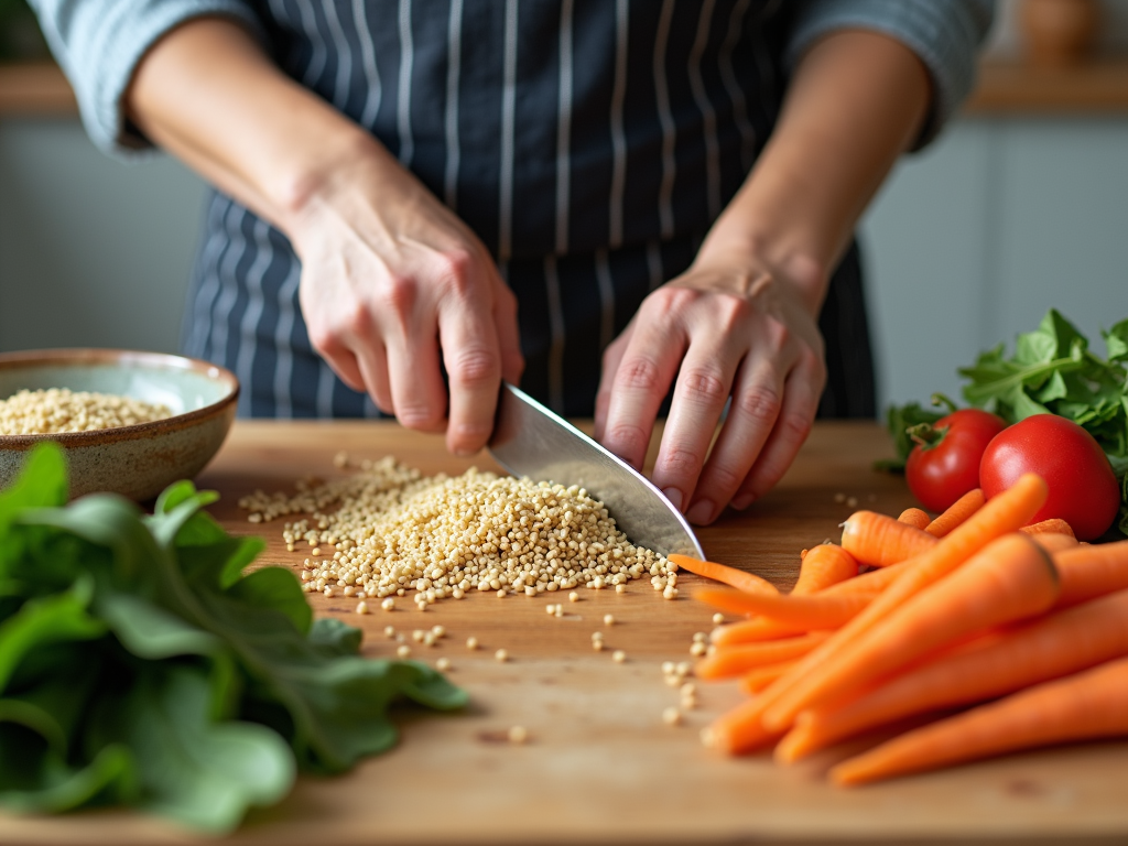 O persoană care taie legume proaspete în bucătărie, lângă un bol cu quinoa.