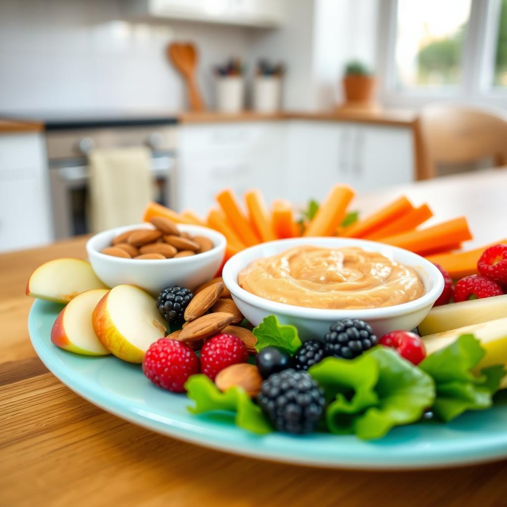 Platou cu gustări sănătoase, incluzând felii de măr, morcovi, hummus, migdale și fructe de pădure, așezate pe o masă de lemn.