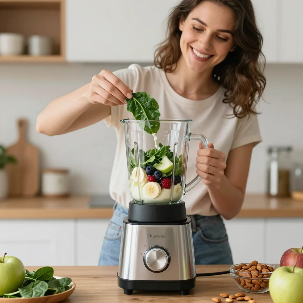 Femeie pregătind un smoothie verde sănătos în blender