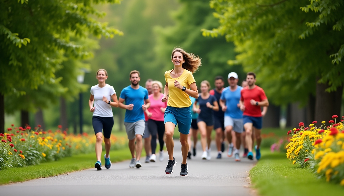Oameni care fac jogging într-un parc, simbolizând exercițiile fizice.
