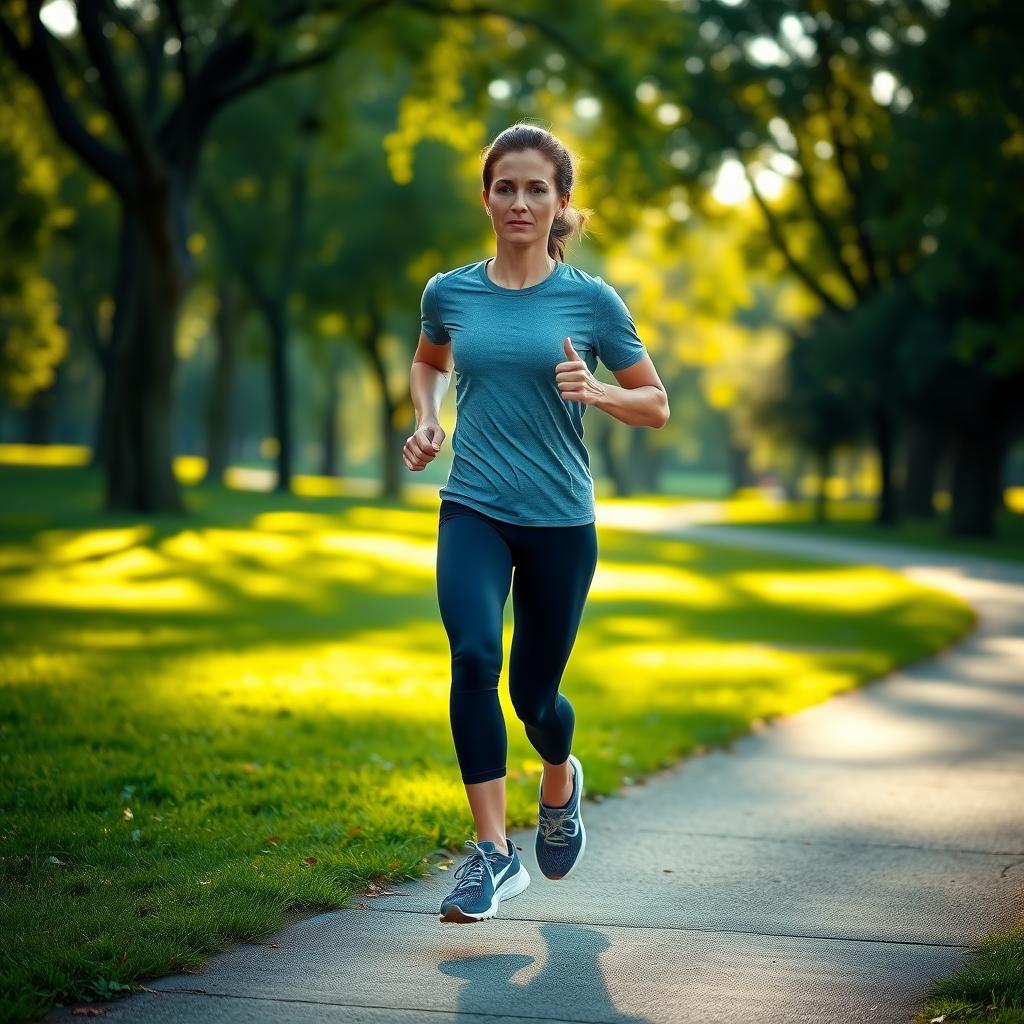 Persoană care aleargă dimineața într-un parc verde, purtând echipament sportiv confortabil.