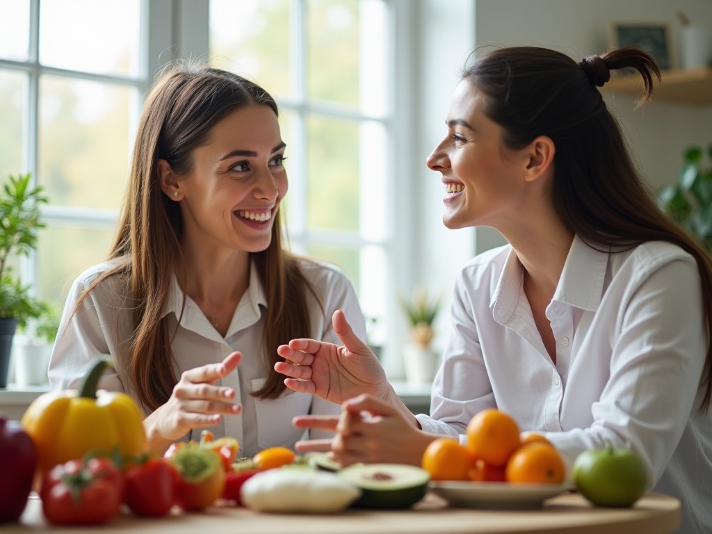 Imagine cu un dietetician discutând cu un client despre opțiuni de regim personalizat, cu o masă plină de fructe și legume în fundal.