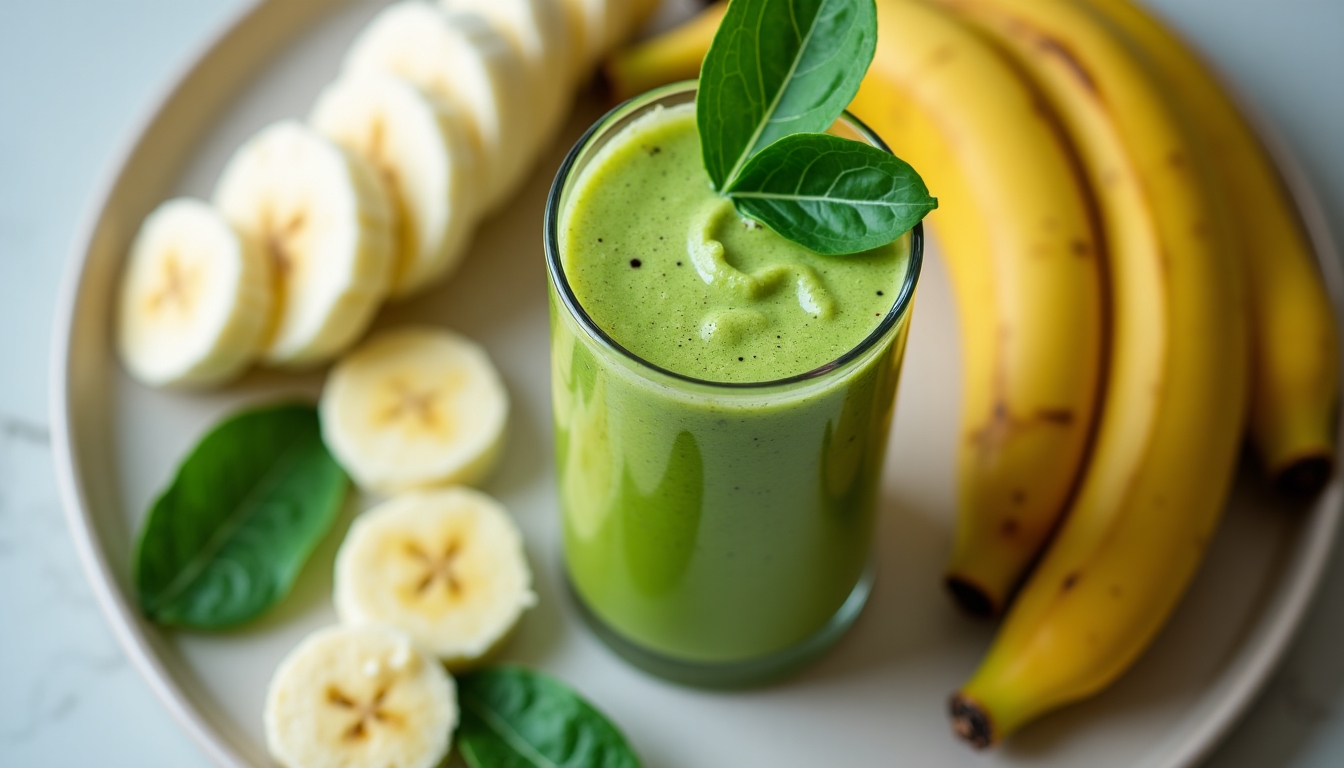 A vibrant green smoothie in a clear glass with spinach leaves and a banana on the side.