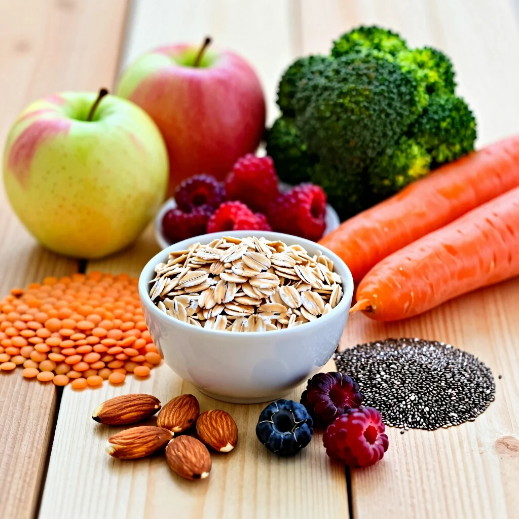 Diverse alimente bogate în fibre: ovăz, mere, fructe de pădure, broccoli, morcovi, linte, migdale și semințe de chia aranjate atractiv pe o masă de lemn