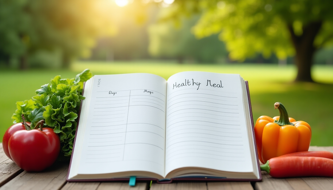 Notebook deschis cu un plan de mese sănătoase în parc